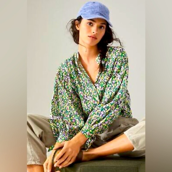 Anthropologie - Maeve Ashleigh Puff Sleeved Floral Button Down Blouse Size Small - Picture 1 of 13
